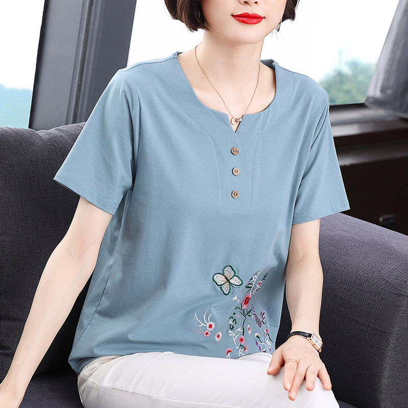 妈妈装夏款纯棉短袖t恤女2023夏装新款中老年大码上衣洋气半袖衫