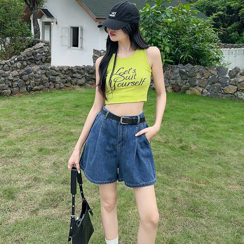 高腰牛仔短裤女2024夏季薄款遮肉中长款宽松小个子A型阔腿五分裤