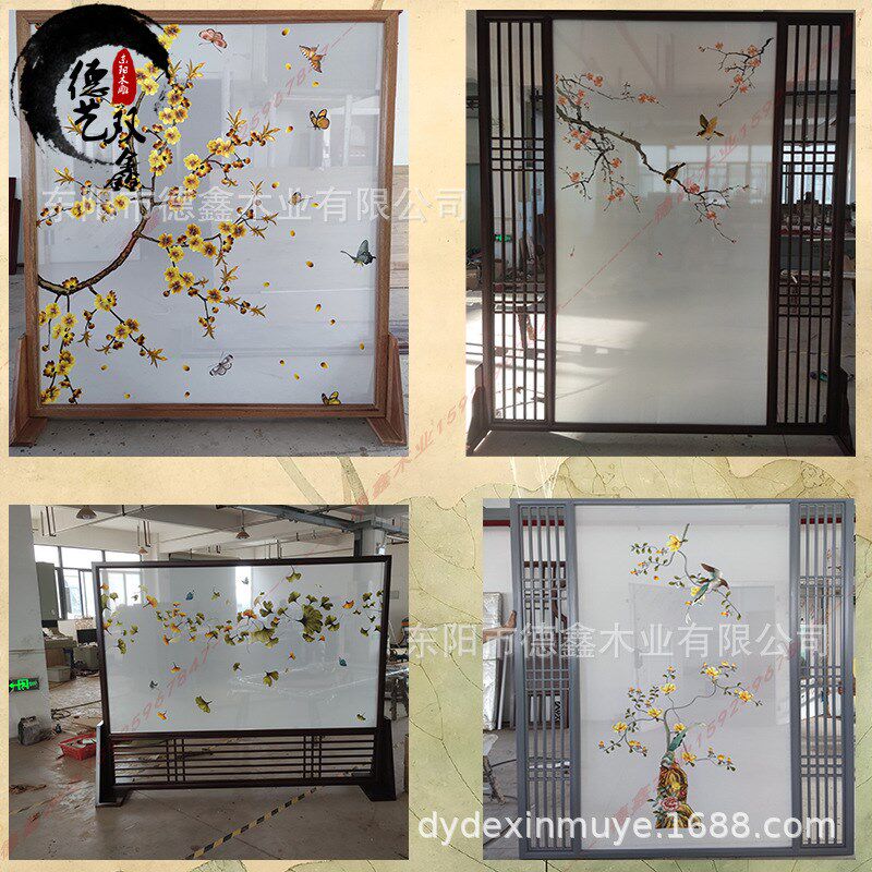 新中式折叠仿古实木布艺屏u风沙画日式玄关木质客厅中式隔断墙座