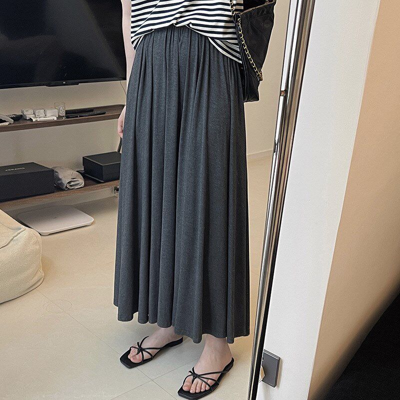 垂感灰色半身裙女2024夏季新款大摆纯色高腰A型遛弯气质长裙