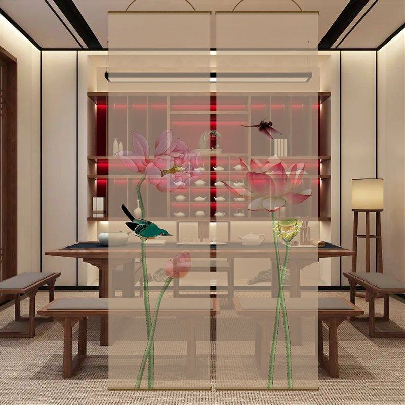 半透水墨莲花双面透景屏风纱中式卷帘隔断帘挂帘水墨窗Y帘纱帘透