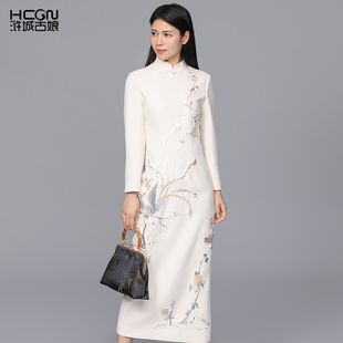 显瘦时尚 中式 立领重工刺绣花气质优雅修身 长袖 女士旗袍连衣裙 秋季