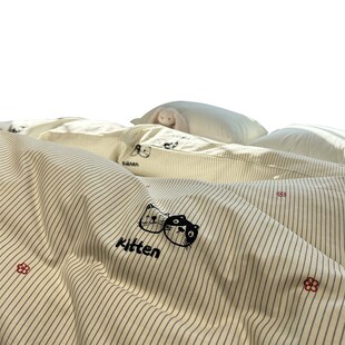 卡通黑白条纹小猫被套全棉单件x单双人被子被罩宿舍180x220cm