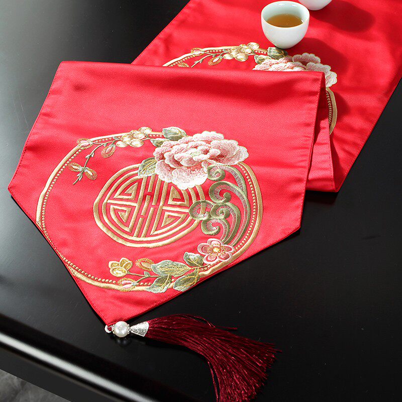 新中式刺绣桌旗j结婚婚礼茶桌布喜庆红色桌旗结婚茶几茶席餐桌垫