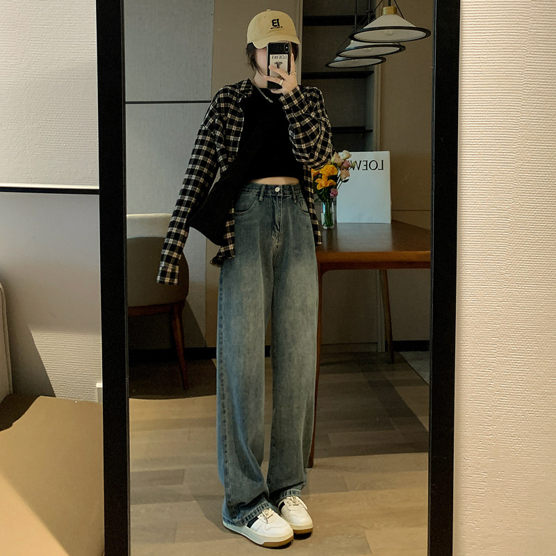 高腰阔腿牛仔裤女春装2025年新款怀旧蓝小个子宽松直筒显瘦拖地裤