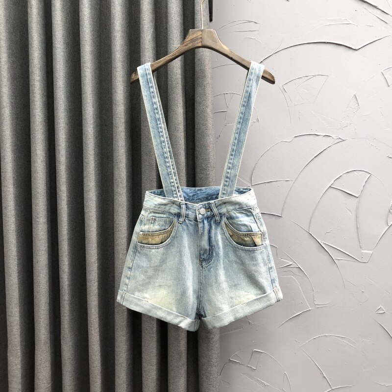 韩版高腰减龄牛仔背带短裤女夏时尚洋气个性烫钻拼色A字阔腿热裤