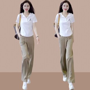 女2024夏季 套装 新款 休闲短袖 两件套 夏装 长裤 搭配一整套小个子时尚