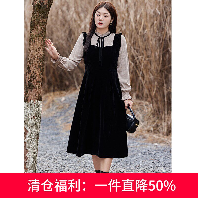 赫本风法式气质丝绒背带裙拼接长袖针织连衣裙假两件套装冬季新款