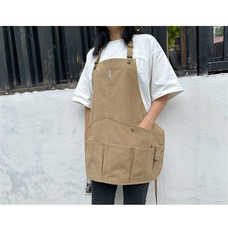 日式咖啡师背带帆布围裙q防污奶茶店调酒师工作服定制logo印字