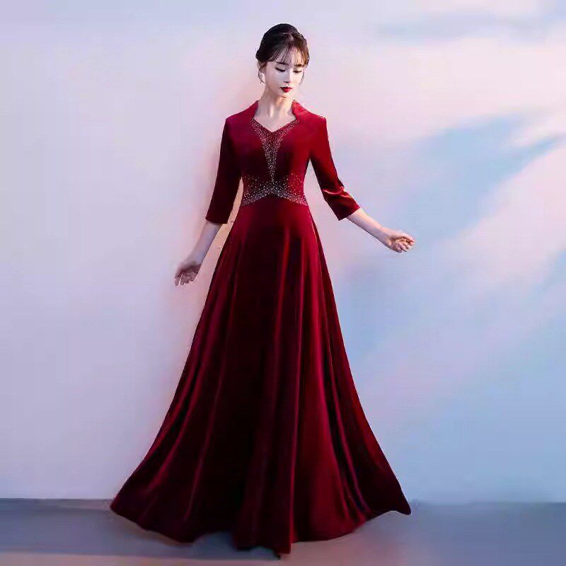 丝绒礼服大合唱服演出服女长裙新款中老年红歌比赛舞台表演团服装