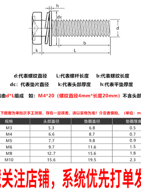 M4M5M6镀黑锌304不锈钢十字外六角组合螺丝P钉黑色自带弹平垫螺栓