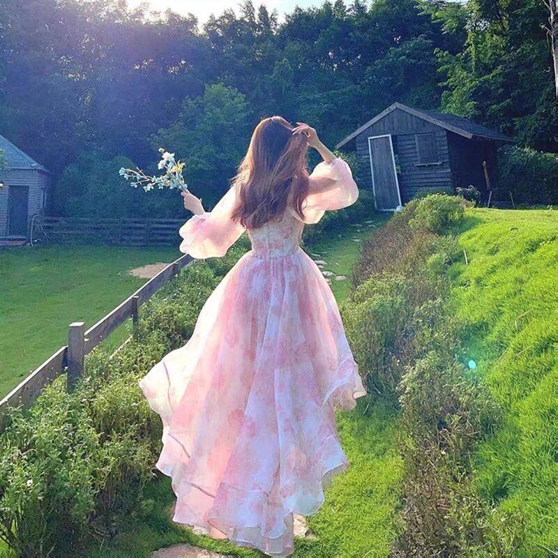 夏季法式粉色小清新长袖设计感大码连衣裙女仙气微胖显瘦公主裙子