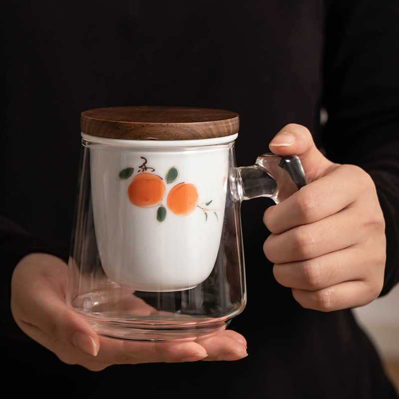 玻璃茶杯办公室个人泡茶杯手绘C陶瓷过滤水杯大容量茶水分离杯