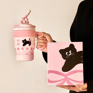 吸管保温杯办公室带把手大容量猫B咪杯子女高颜值可爱粉色桌面水