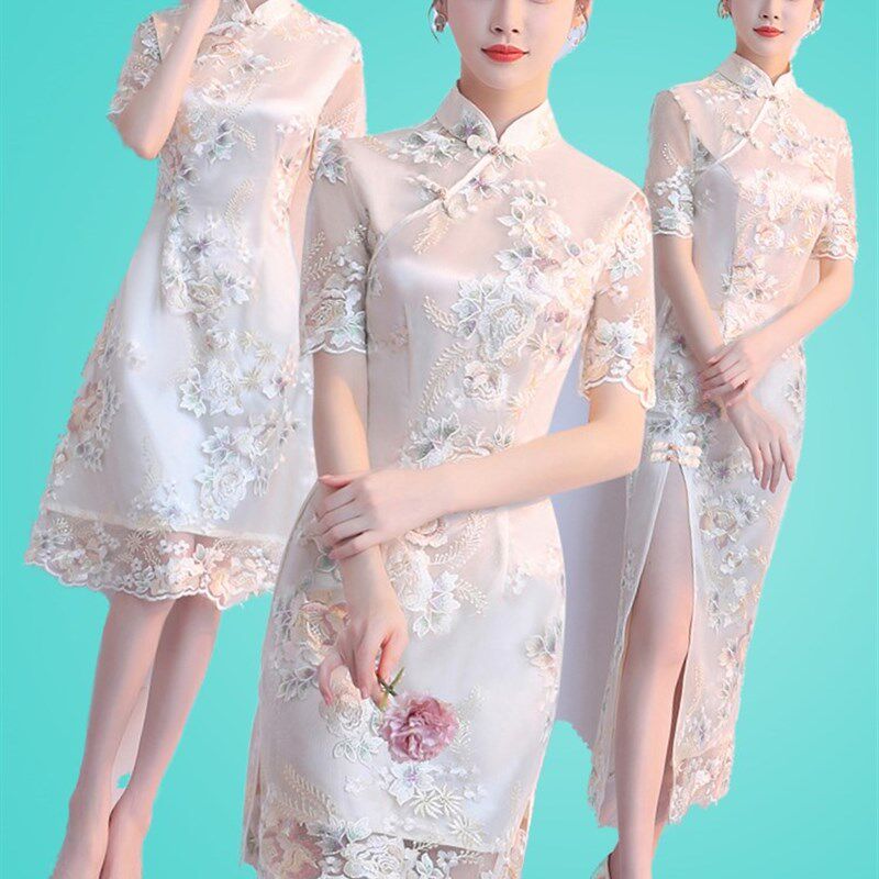 蕾丝旗袍款少女裙2020年新款夏法式年轻改良优雅版连衣裙女中国风