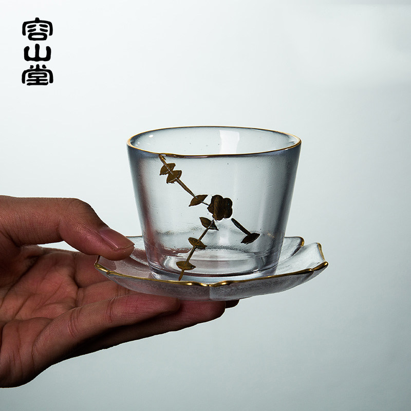 容山堂释水手绘玻璃茶杯品茗杯主人杯小杯垫茶Q席茶托功夫茶具套