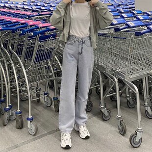 显瘦阔腿裤 一罐快乐 女2021夏款 浅色高腰直筒牛仔裤 必入基础款