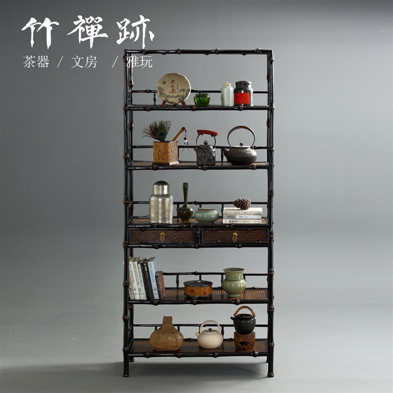 竹禅迹筇竹博古架 书架u手工中式置物架多层收纳架茶具储物柜子