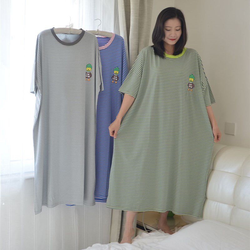 韩版卡通长款纯棉短袖睡裙女夏季加肥加大码胖MM条纹宽松家居睡衣