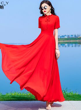 红色雪纺大摆连衣裙女2025夏拍照大红裙三亚度假沙滩到脚踝超长裙