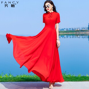 红色雪纺大摆连衣裙女2025夏拍照大红裙三亚度假沙滩到脚踝超长裙