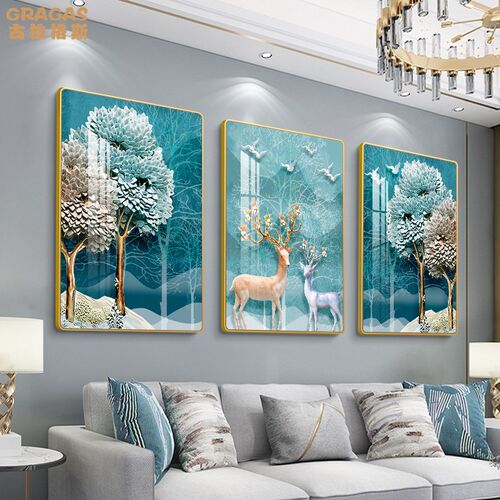 福禄相随客厅f装饰画沙发背景墙挂画现代简约高级壁画新中式晶瓷