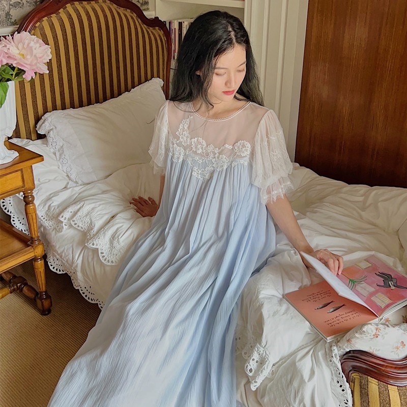 法式复古纯棉短袖睡裙经典甜美可爱女士蕾丝公主风长款家居服睡衣