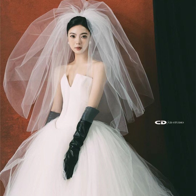 双层韩国纱蓬蓬薄透头纱本白色小众新娘婚礼头纱设计感高级感新款