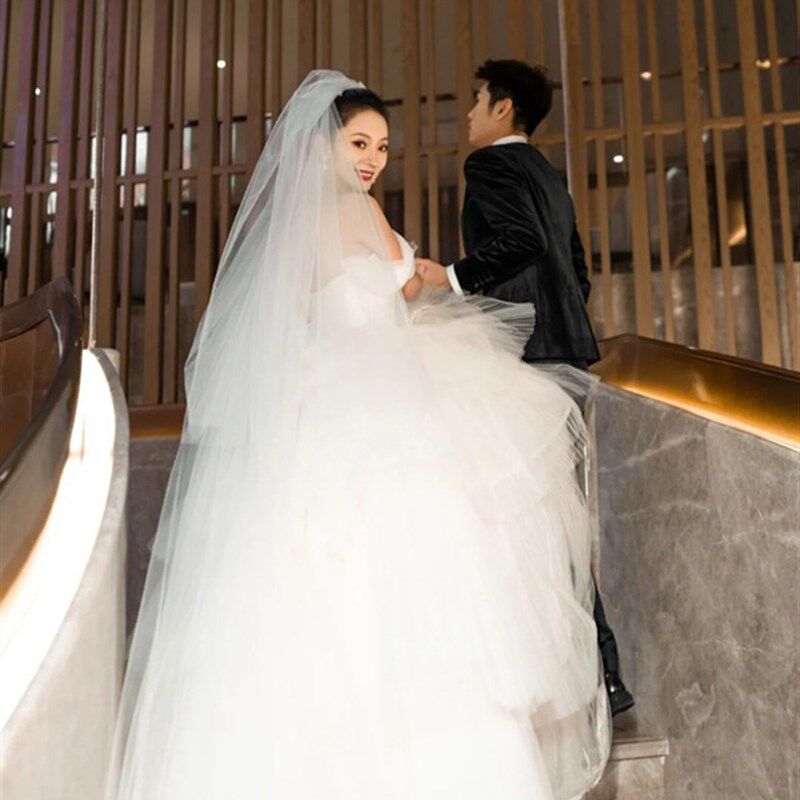 简约百搭长款素纱草坪p婚礼教堂仪式纱新娘旅拍结婚头纱双层白色