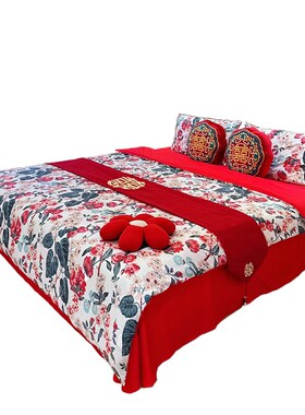 乐优公主100支长绒棉结婚四件套大红色婚庆喜被床V单被套床上用品