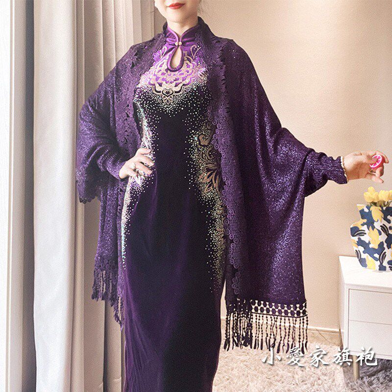 2025年冬针织喜婆婆婚宴披肩妈妈旗袍外搭外披长外套流苏紫色长袖