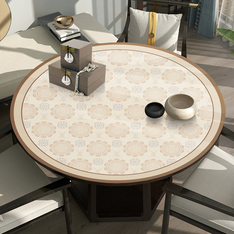 中式纹案皮革圆桌桌布家用防水防滑防烫免L洗防油卓桌垫圆台布耐