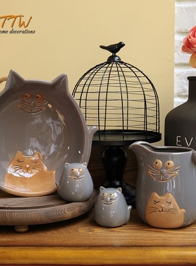 田园手工浮雕釉m面立体花艺装饰龙猫花器文艺花器摆件