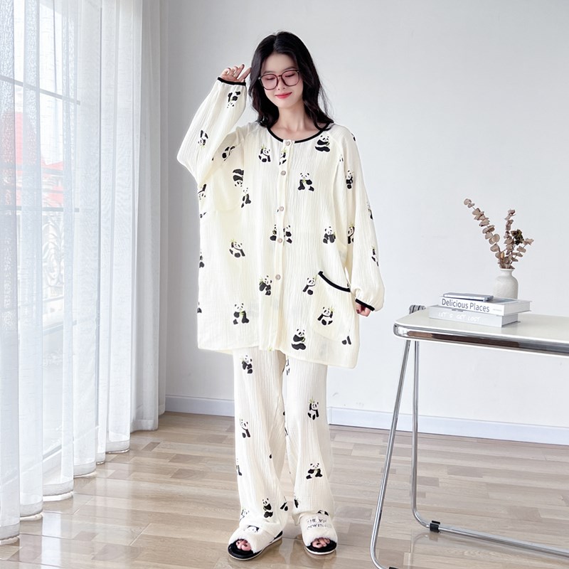 纯棉纱布加大码哺乳睡衣女200斤月子服春秋长袖孕产妇喂奶家居服