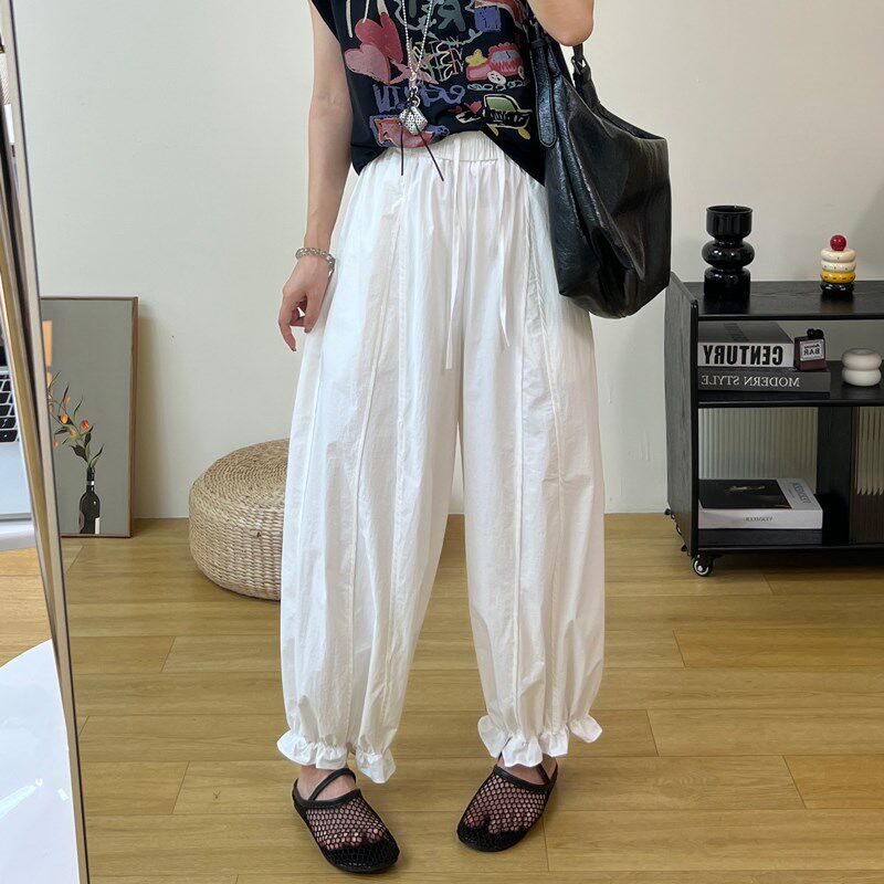 木耳边花苞裤女宽松哈伦休闲裤夏季轻薄速干松紧腰九分菠萝灯笼裤