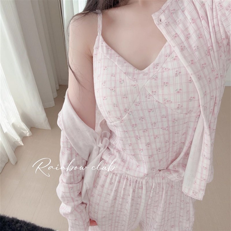 含胸垫家居服三件套可外穿清新简约碎花格子糯叽叽亲肤睡衣裤套组