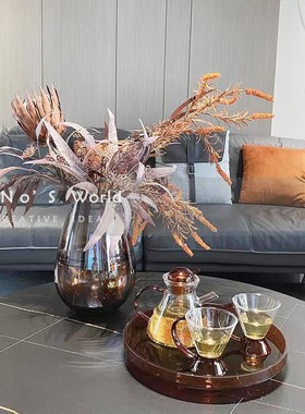 轻奢风橘黄色玻璃花器家用客厅摆件样板房间透明创意干花花瓶软装