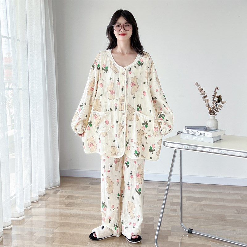 月子服纯棉纱布大码哺乳睡衣女200斤春秋孕妇产后喂奶家居服套装