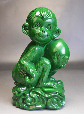 绿色木雕猴子摆件十二生肖实木头猴家居办公装饰送礼品红木工艺品