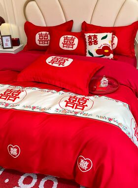 高级感时c尚印花婚庆四件套红色结婚被套床单新婚喜被陪嫁床上用