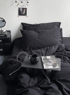 黑键练习曲水洗棉黑色四件套简约全棉纯棉暗黑床单床笠床上三件套