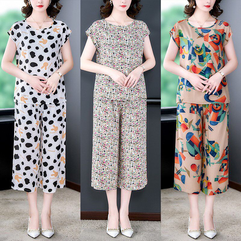 妈妈装夏装棉绸套装女时尚减龄薄款短袖阔腿裤休闲 人造棉居