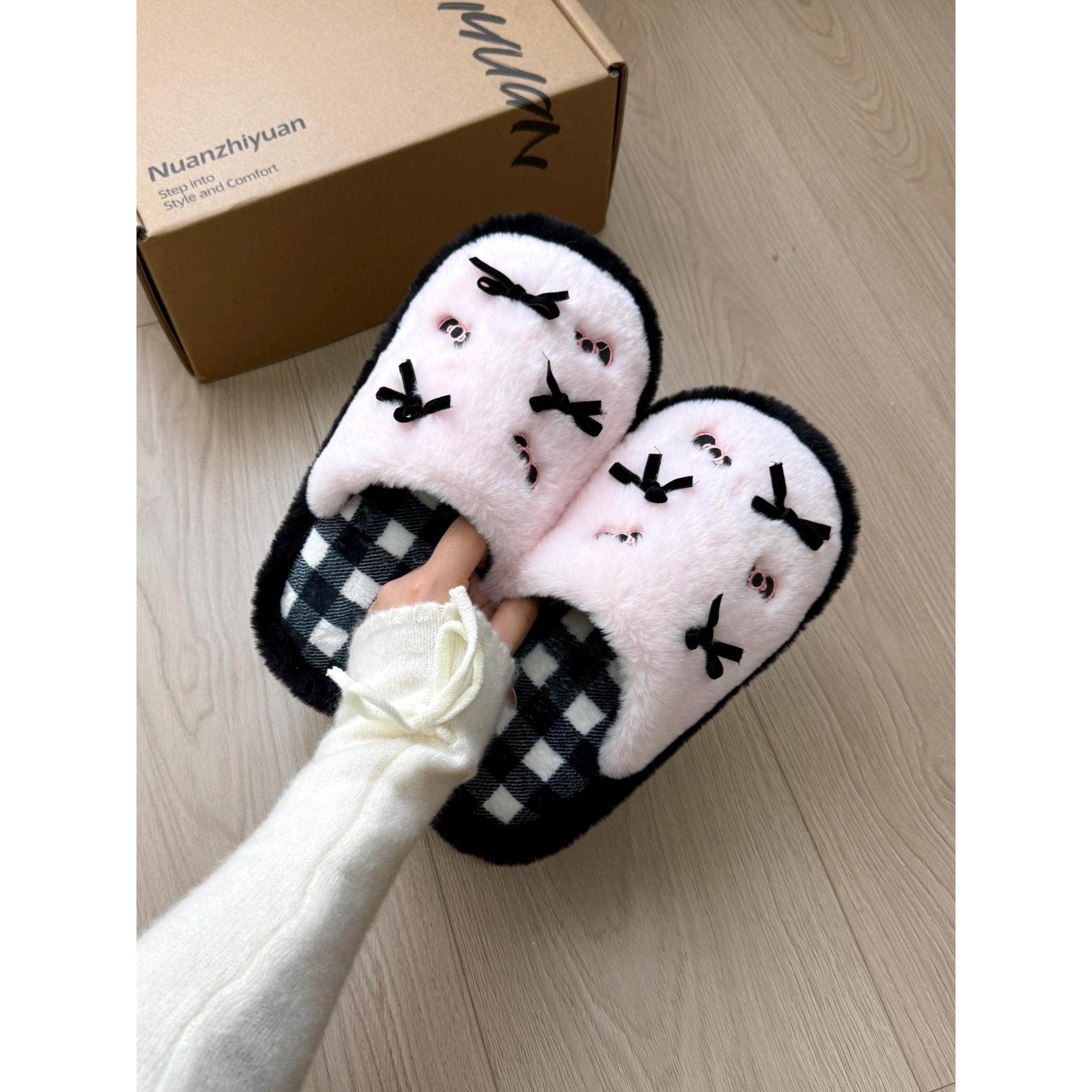 蝴蝶结棉拖鞋女款2025新款冬季保暖室内家居可爱毛绒防滑毛毛拖鞋