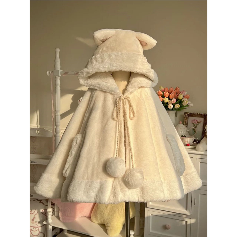 超萌猫耳朵 毛绒绒甜美可爱斗篷毛呢外套日系清新少女感呢子大衣