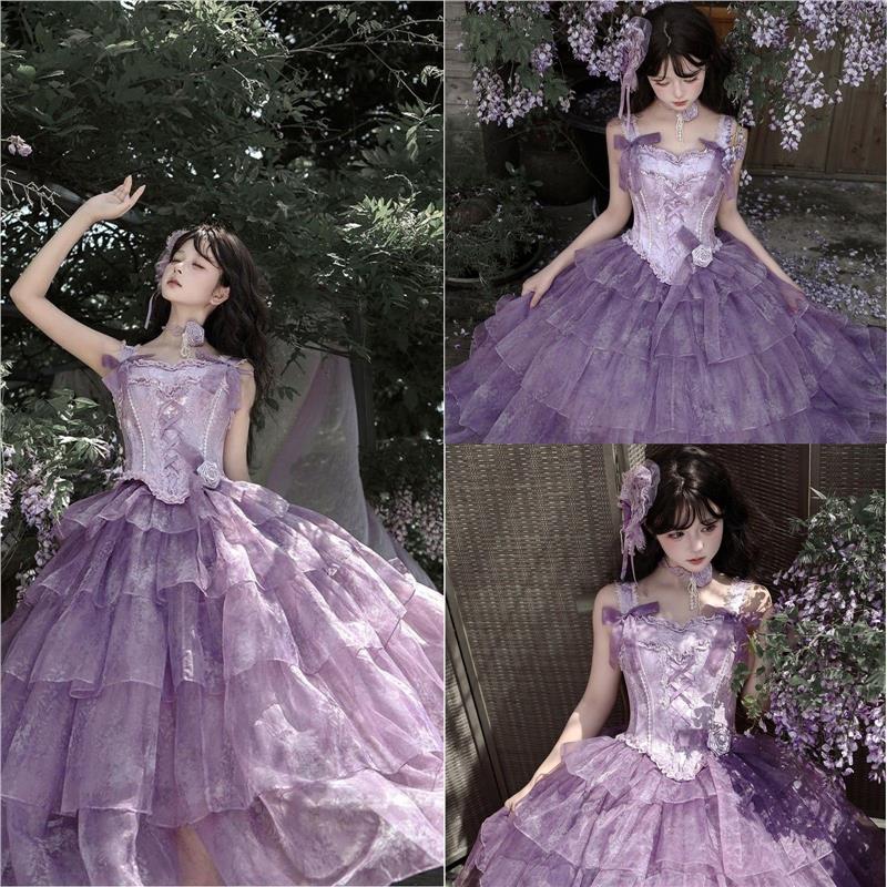 紫藤瀑布lolita花嫁礼服甜美学生日宴会成人礼毕业公主吊带裙优雅