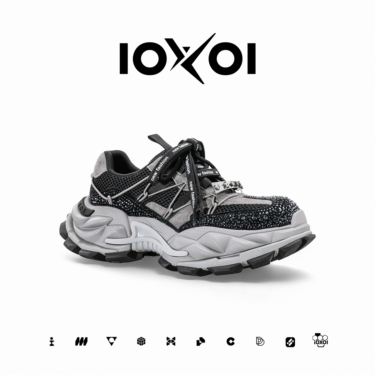 IOXOI厚底增高黑色水钻老爹鞋女