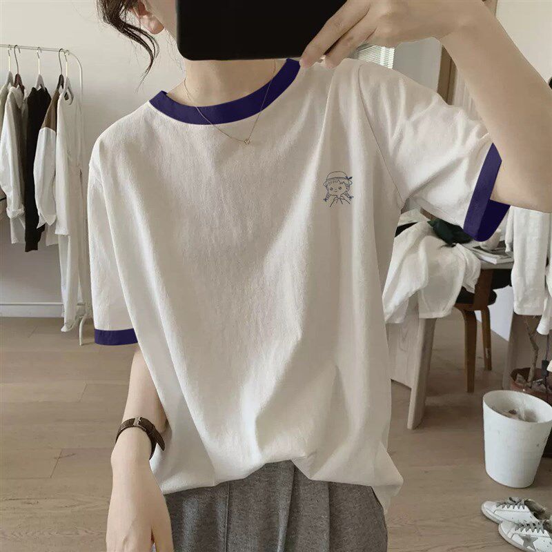 白色短袖t恤女2025新款撞色宽松休闲纯棉正肩大码休闲体恤衫上衣