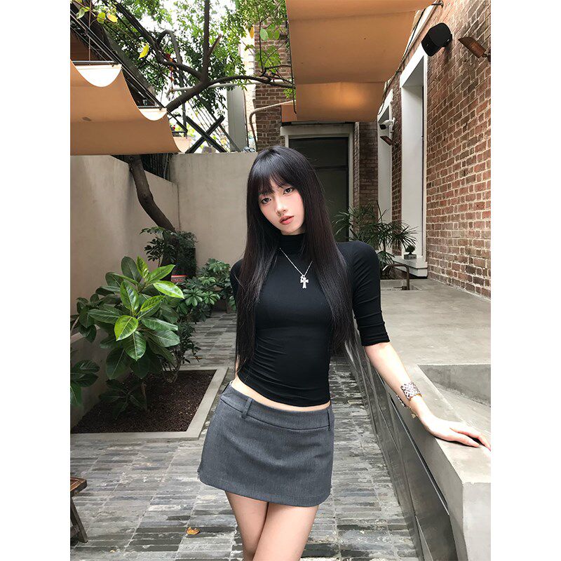 【下周六】女夏修身短款半高领半袖上衣美式辣妹正肩黑色短袖T恤