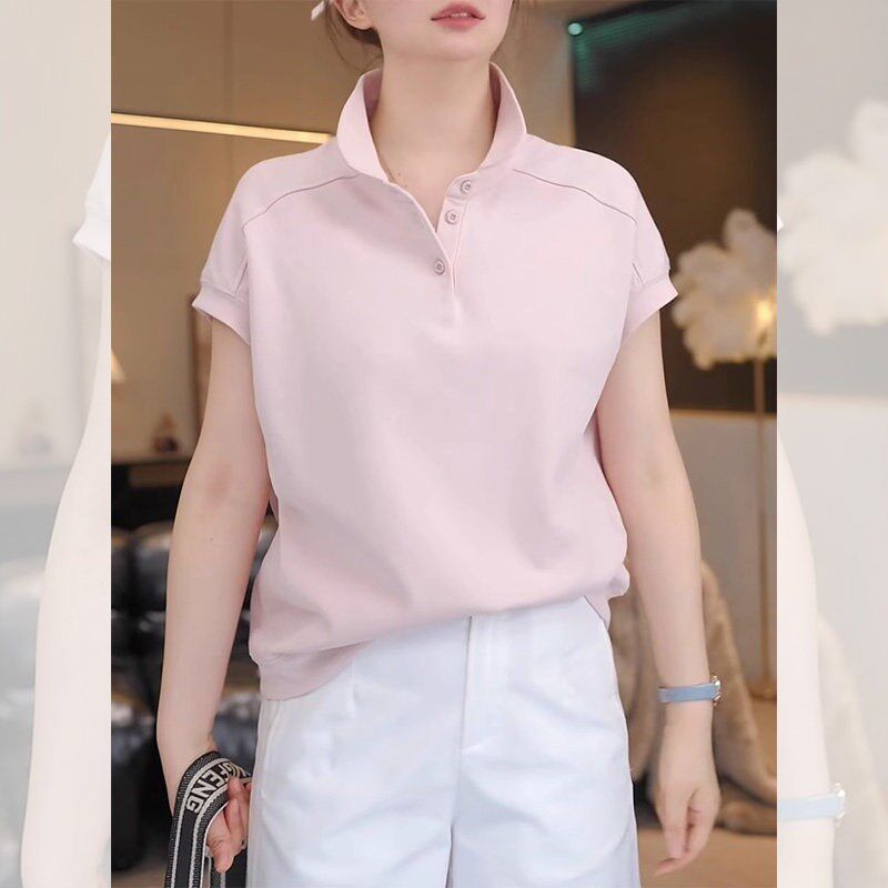 欧货简约粉色翻领正肩短袖t恤女2025夏季设计感小众修身显瘦上衣