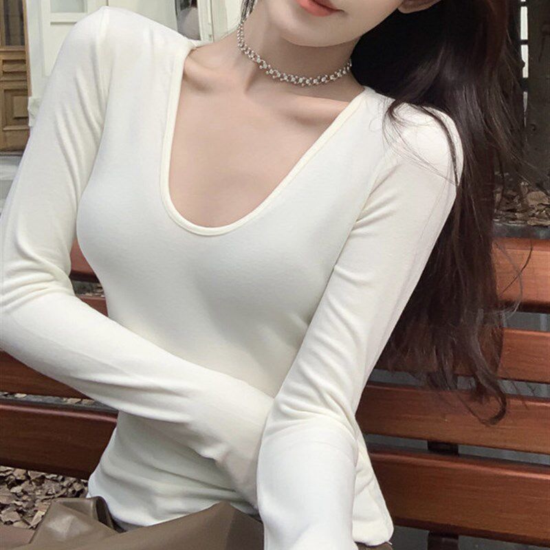 白色V领正肩长袖T恤女秋季2025新款小个子打底衫修身显瘦短款上衣